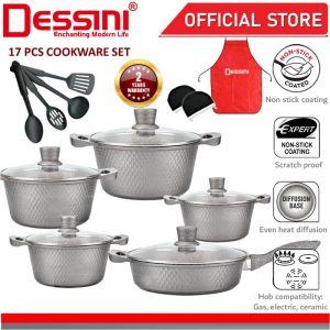 DESSINI ITALY Granite Aluminium Non Stick Casserole Pot Bowl Deep Fry Pan Cookware Tool (17 Pcs)