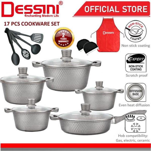 DESSINI ITALY Granite Aluminium Non Stick Casserole Pot Bowl Deep Fry Pan Cookware Tool (17 Pcs)