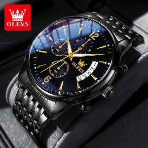 OLEVS Jam Tangan Lelaki Waterproof Original Watch Men Luminous Stainless Steel Luxury Chronography Date Gold Black Wristwatch 2867 Rotundity Bahan logam dalam stok Banyak warna Pejabat parti pemberian hadiah Garanti 1 tahun