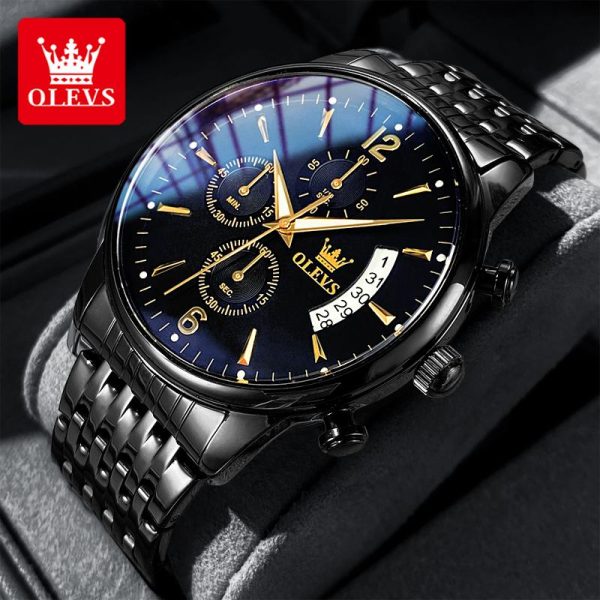 OLEVS Jam Tangan Lelaki Waterproof Original Watch Men Luminous Stainless Steel Luxury Chronography Date Gold Black Wristwatch 2867 Rotundity Bahan logam dalam stok Banyak warna Pejabat parti pemberian hadiah Garanti 1 tahun