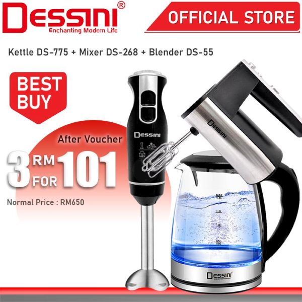 DESSINI ITALY 1.8L Electric Kettle Boiler Jug Tea Teapot Cerek + 5 Speed Mixer Egg Beater Whisk Pengadun Bancuh Telur + Chopper Blender Grinder Juicer Mixer Mincer Pengisar