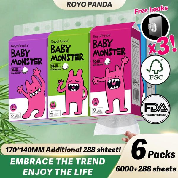 【6288 Sheets】RoyoPanda Hanging Pull-out Tissues – Baby Monster Series, Diamond Embossed Craft, Skin-friendly Soft, 4 Ply, 6 Packs, 140*170mm, Total 6288 Sheets, Tisu Dapur Gantung & Besar Bayi Tisu Wipes Remover