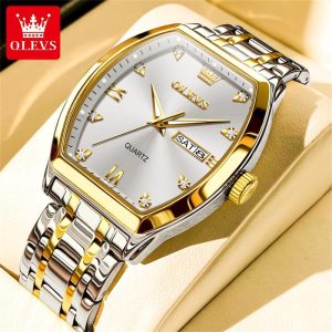 OLEVS Jam Analog Tangan Lelaki Original Asli Pergerakan Kuarza Keluli Tahan Karat Kalis Air Berkilau Dengan Kotak Warna Emas Biru dan Putih Hadiah with Box 5528 Watches