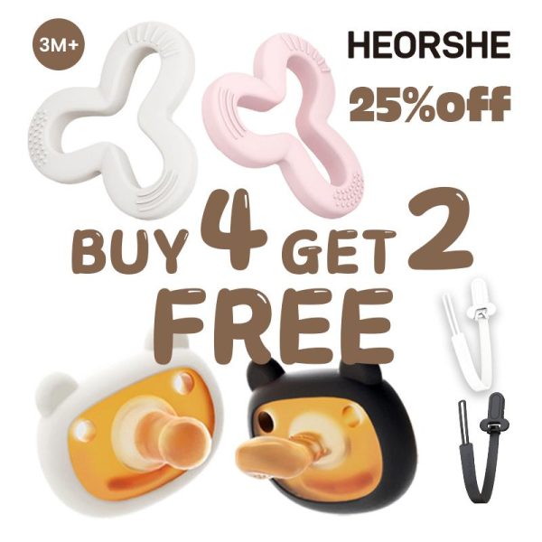 Set Permainan Bayi HEORSHE termasuk 2 pcs*【Day & Night Teether】+2pcs*【Shamrock Playring】+1pcs *【white chain】+1pcs*【black chain】untuk bayi 3M+ gred makanan Bahan Silikon