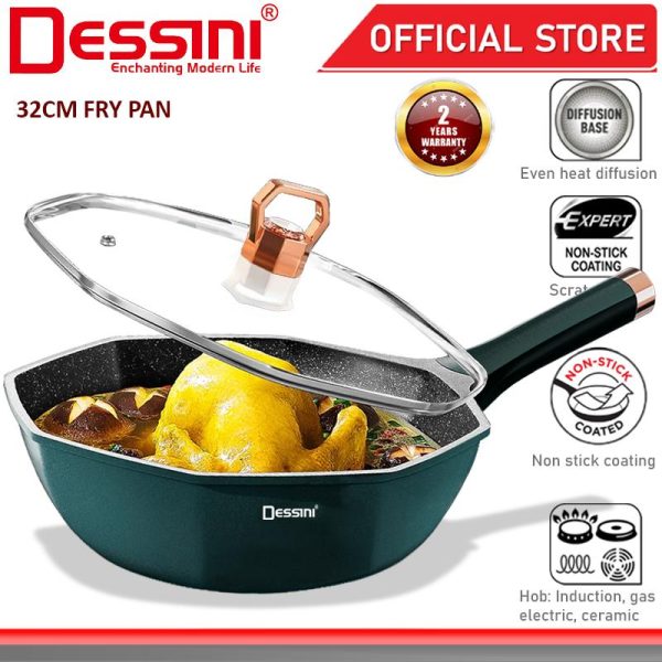 DESSINI ITALY 32CM Aluminuim Induction Casserole Non Stick Frying Pan Grill Wok Pot Bowl Cookware + Cover / Kuali Periuk
