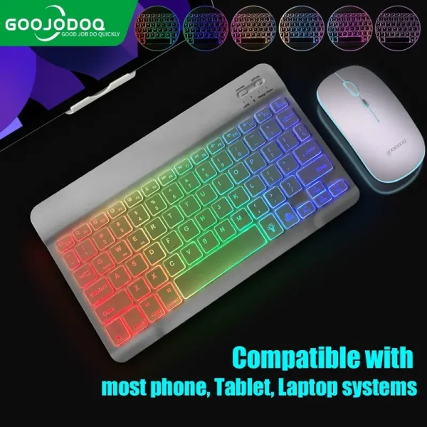 GOOJODOQ Bluetooth Keyboard Set 10 inch Backlit Wireless Keyboard and Mouse LED Colorful Keyboard for IOS Laptop Android