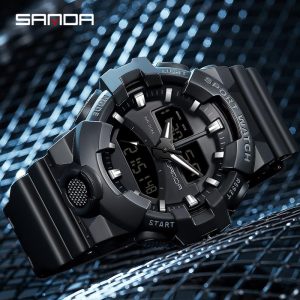 Jam Tangan Lelaki, AW24 SANDA, 3130, Paparan Dwi LED, Jam Tangan Kalendar Digital Pelbagai Fungsi, Kalis Air, Tahan Kejutan, Jam Tangan Kuarza Berkilau