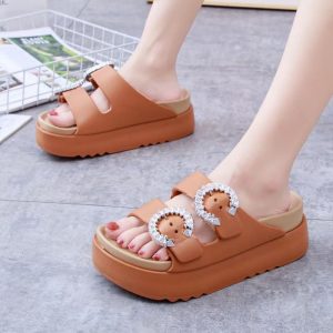 Selipar untuk Wanita, Gaya Platform, Dihiasi Berlian Buatan, Sesuai untuk Pantai, Bahagian Bawah Rata sandal yesplus