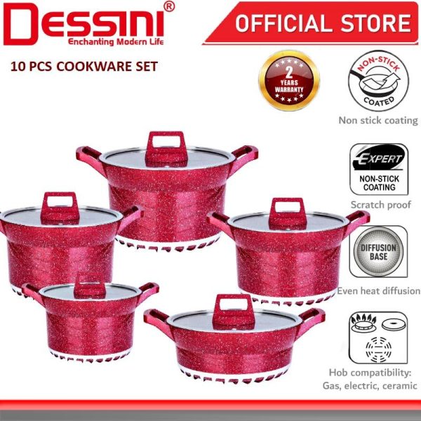 DESSINI ITALY Granite Aluminium Non Stick Casserole Pot Bowl Deep Fry Pan Cookware Tool (10 Pcs)