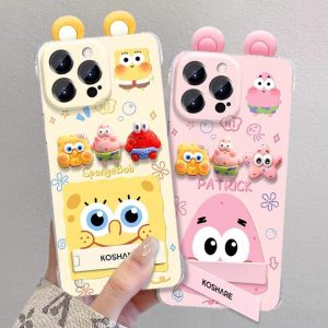 Anak Patung 3D Span Comel + Sarung Telefon Tanpa Bingkai Pemegang Halimunan untuk iPhone 11 16 15 14 Plus 13 12 Pro Max Sarung Ultra Nipis PC Fleksibel Sarung Kalis Kejutan Penutup Belakang Pelindung