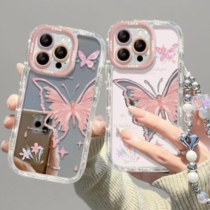 Sarung Telefon Cermin Rama-rama, Gaya Ins, Serasi dengan iPhone 11, 15, 14, 13, 12, Pro, Xs Max, XR, X, 7, 8 Plus, SE 2020, Sarung Sarung Lembut Jelas Merah Jambu, Penutup Belakang Pelindung Kalis Kejutan Silikon, Warna Merah Jambu