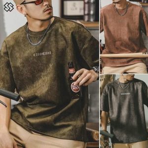 Kemeja-T Retro, Lengan Pendek, Untuk Lelaki, Jenama Fesyen Jepun, Gaya Jalanan, Jenama Ins, Atasan Leher Bulat Jalan Tinggi, Atasan Longgar Bergaya, Warna Hijau / Kelabu / Coklat, [COD]