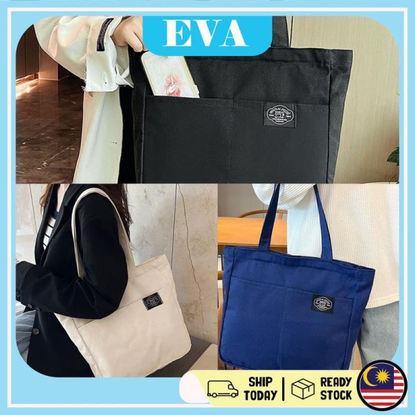 READY STOCK EVA Korean Canvas Shoulder Bag Women hand Bag Tote Shopping bag Unisex Multi Pocket bag fashion Blue Bags Zipped Wanita Zipper