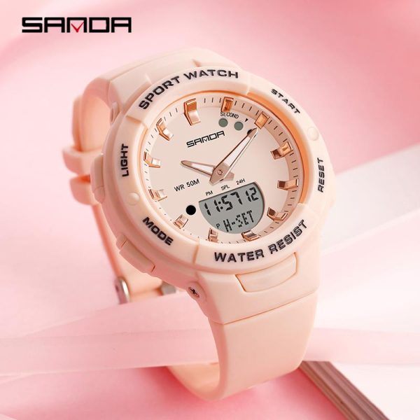 Jam Tangan Wanita Kalis Air Pelbagai Fungsi Digital Mewah, AW24 SANDA 6005, Bentuk Bulat, Sesuai untuk Sukan, Jam Tangan