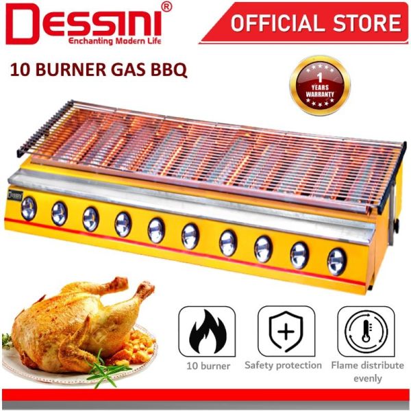 DESSINI ITALY CE Approval Stainless Steel Gas BBQ Grill Stove 2800Pa Non Stick Roast Bake Barbecue Roaster (10 Burner)