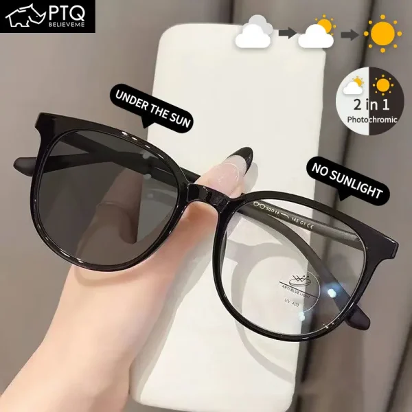 Cermin Mata Fesyen, Photochromic, Bingkai Besar, Trendi, Cermin Mata Anti-Cahaya Biru, Untuk Lelaki dan Wanita, Kanta Matahari Penderia Cahaya Foto, Matte Eyewear Sunglasses PTQ