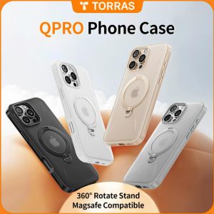 Sarung Pendirian Boleh Putar Magnetik TORRAS QPRO 360 °, Serasi dengan Siri iPhone 13, 14, 15 dan 16, Serasi MagSafe, Sarung Pelindung Gred Tentera, Sarung Kalis Kejutan Lutsinar dengan Penyangga, Sarung Boleh Putar