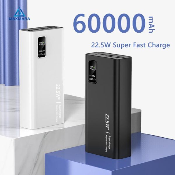 22.5W Powerbank 60000mah Portable Type-C Fast Charging 4USB LED Power bank Black White External Battery for Android IOS Phones Type C