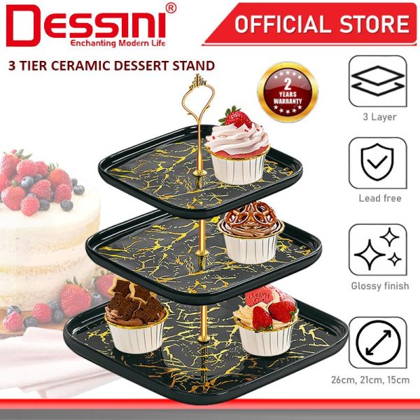 DESSINI ITALY 3 Tier Ceramic Dessert Stand Tower Cake Display Rack Snack Platter Fruit Bowl Party Serving Tray Plate