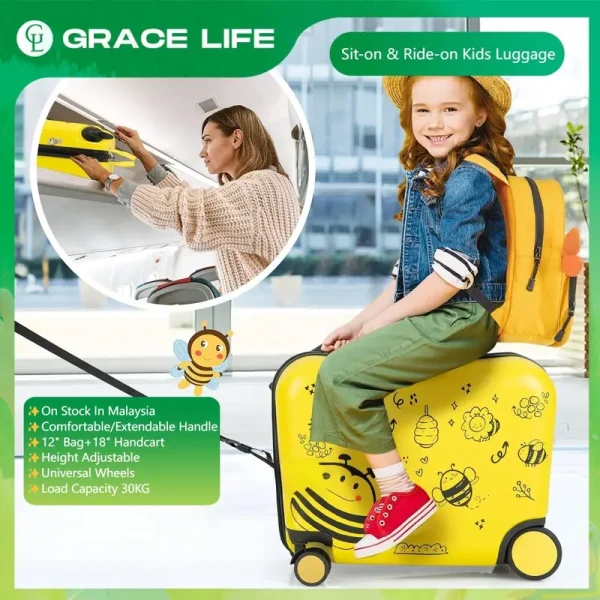 GraceLife 18Inch Kid Travel Luggage Can Sit And Ride With 12Inch Kids Backpack Kid Luggage Trolley
