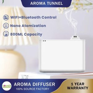 Penyebar WIFI Pintar, AROMA TUNEL, Kapasiti 800ML, Kawasan Penyebaran Cahaya 11000sqft, Pelembap Udara, Sesuai untuk Rumah dan Hotel, Mesin Aromaterapi Hitam Lampu Humidifier
