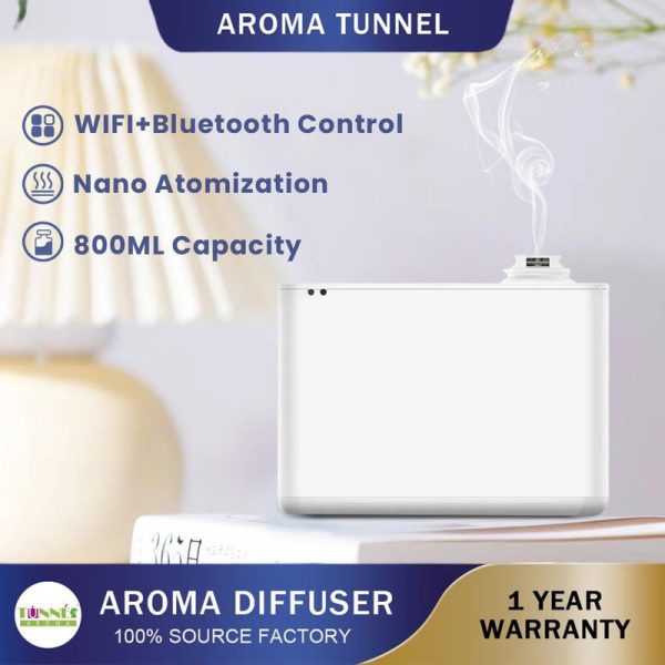 Penyebar WIFI Pintar, AROMA TUNEL, Kapasiti 800ML, Kawasan Penyebaran Cahaya 11000sqft, Pelembap Udara, Sesuai untuk Rumah dan Hotel, Mesin Aromaterapi Hitam Lampu Humidifier