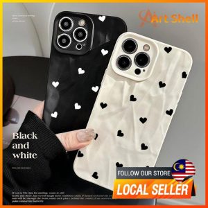 Compatible for iphone 16 14 Pro Max 12 13 15 11 Pro Max Black and white hearts Casing 7 8 Plus xr xs Max Wrinkle Matte Case Silicone Protection Wireless