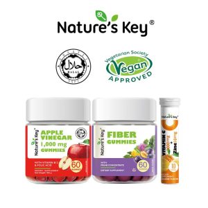 Nature's Key Cuka epal, serat pemakanan, kolagen, biotin, gula-gula tidur dan tablet effervescent VC + zink dalam satu set kombo pelbagai, kaya dengan pelbagai vitamin serta ekstrak herba, suplemen pemakanan yang sesuai untuk orang dewasa