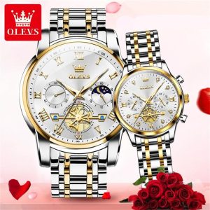 OLEVS Jam Tangan Couple Watch Set Murah Tonton Kalis Air Asli Pasangan New 2024 Dengan Kotak Keluli Tahan Karat Emas Black Blue for Men Women with Luxury Box 28-97 Bahan logam dalam stok Banyak warna Pejabat parti pemberian hadiah Garanti 1 tahun