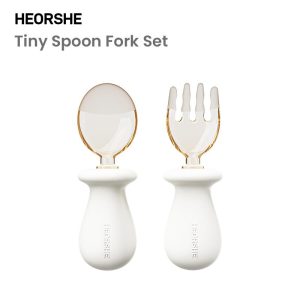 Set Sudu & Garpu Kecil, HEORSHE, Bebas BPA Silikon dan PPSU, Sesuai untuk Memberi Makan Sendiri, Reka Bentuk Ergonomik dan Selamat, Didatangkan dengan Sarung Penyimpanan Mudah Alih
