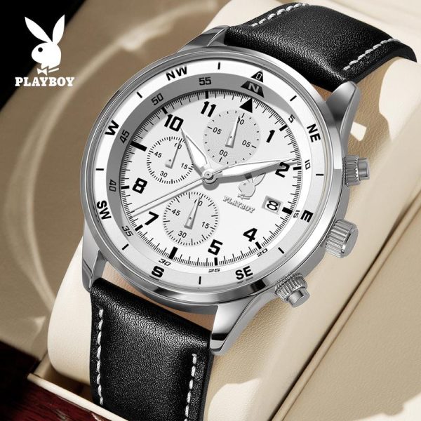 PLAYBOY Jam Tangan Lelaki Untuk Lelaki Kalis Air Kulit Asli Hitam dan Putih Fasa Bulan Chronograph 3303 Reka Bentuk Tulen Watches