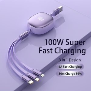 Yisen C100W Retractable 3 In 1 Super Fast Charging 100W Type C Micro USB Cable Chargers Cabel Android