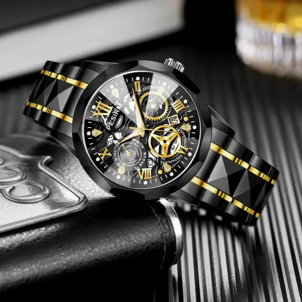 3ATM Kedap air Jam Tangan Lelaki With Luminous Tali Emas Keluli Jam Tangan Lelaki Life Waterproof Quartz Watch Tarikh Jam Tangan Analog Kuarza EMAS HITAM Jam Analog