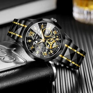 3ATM Kedap air Jam Tangan Lelaki With Luminous Tali Emas Keluli Jam Tangan Lelaki Life Waterproof Quartz Watch Tarikh Jam Tangan Analog Kuarza EMAS HITAM Jam Analog