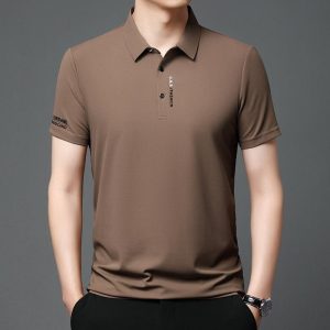 Kemeja-T lengan pendek lelaki, mewah, Gaya Baharu Musim Panas, Bahan Sutera Ais, Perniagaan, Kolar Lapel Lancar, Baju Polo, Gaya Nipis, Bernafas, Baju Kolar Atas Lelaki
