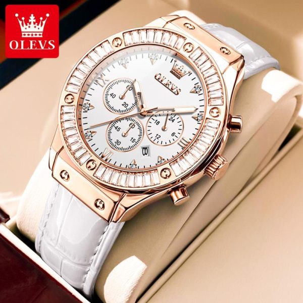 OLEVS Jam Tangan Untuk Wanita Kalis Air Pergerakan Kuarza Asal Fesyen Gaya Kasual Tali Kulit Warna Putih Mawar Jam Tangan Wanita Watches Gelap 9978 Rotundity Material logam+kulit dalam stok Warna berbilang Ada kotak Pejabat parti pemberian hadiah