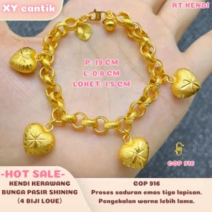 RANTAI TANGAN KENDI KERAWANG BUNGA PASIR SHINING (4 BIJI LOVE) COP916-Panjang 19CM Lebar 0.8CM Love 1.5CM-Barang kemas bersalut emas asli-tahan lama - hypoallergenic-titanium-XYcantik Bracelets Gelang