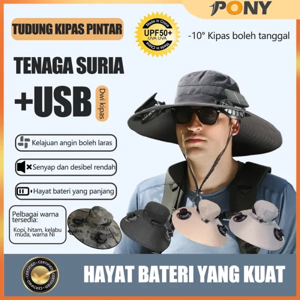 Solar Fan Hat Breathable 3-Speed ??Wide Brim Solar Charging Fan Hat Summer Outdoor Sun Hat Men's Mountaineering Fishing Hat Quick Dry Dual Fan Adjustable Sun Hat