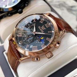 【Garansi 1 Tahun】OLEVS Jam Tangan Lelaki Original Waterproof Watch Men Quartz Analog Genuine Leather Business Sun Moon Star Multifunctional Calendar Luminous Fashion Men's Watches Gelap Tahan Karat 2871