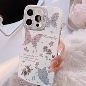 Sarung Telefon IMD Rama-rama, Reka Bentuk Mawar Laser, dengan Lanyard Gebu, Serasi dengan iPhone 11, 15, 14, 13, 12, Pro, Xs Max, XR, X, 7, 8 Plus, SE 2020, Sarung Telefon Bimbit, Ultra Nipis, Kalis Kejutan, Pelindung, Penutup Belakang Langsing
