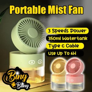 【Bing Bling】(Tahan 4-8 Jam - 3 in 1 Mini) USB Nano Mist Spray + Desk Fan + Night Light Rechargeable Foldable AirCooler Humidifier Purifier Kipas Meja Table Mini