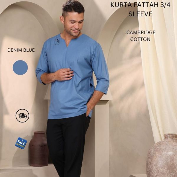KURTA FATTAH 3/4 SLEEVE | KAIN CAMBRIDGE COTTON (REGULAR FIT) BY BEAUFIT Fabric men size.l steel grey trendy yellow olive tiktok shop