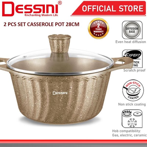 DESSINI ITALY iLT-28 Granite Die Cast Aluminium Non Stick Casserole Pot Bowl Deep Fry Pan Cookware Tool PERIUK (28cm)