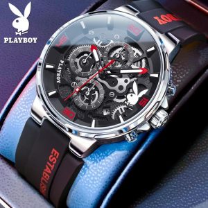 PLAYBOY 3063 Jam Tangan Lelaki Original Kalis Air Tali Kulit Emas Hitam Putih Gaya Fesyen Asal Watches for Men Ketibaan Baru with Luxury Box Rotundity Material logam+kulit dalam stok Warna berbilang Pejabat parti pemberian hadiah Garanti 1 tahun