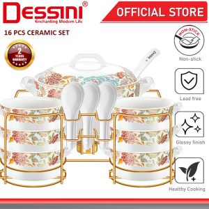 DESSINI ITALY 16 Pcs Ceramic Serving Bowl Salad Soup Cereal Pasta Casserole Non Stick Stock Pot Dinnerware PERIUK MANGKUK