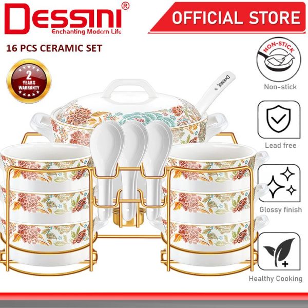 DESSINI ITALY 16 Pcs Ceramic Serving Bowl Salad Soup Cereal Pasta Casserole Non Stick Stock Pot Dinnerware PERIUK MANGKUK