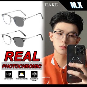 Cermin Mata Photochromic, MX STUDIO MX-HAKE, Cermin Mata untuk Lelaki dan Wanita, Blok Cahaya Berbahaya, Cermin Mata Hitam, Perubahan Warna, Anti-UV, Gaya Lelaki Clubmaster, Ringan, Cermin Mata