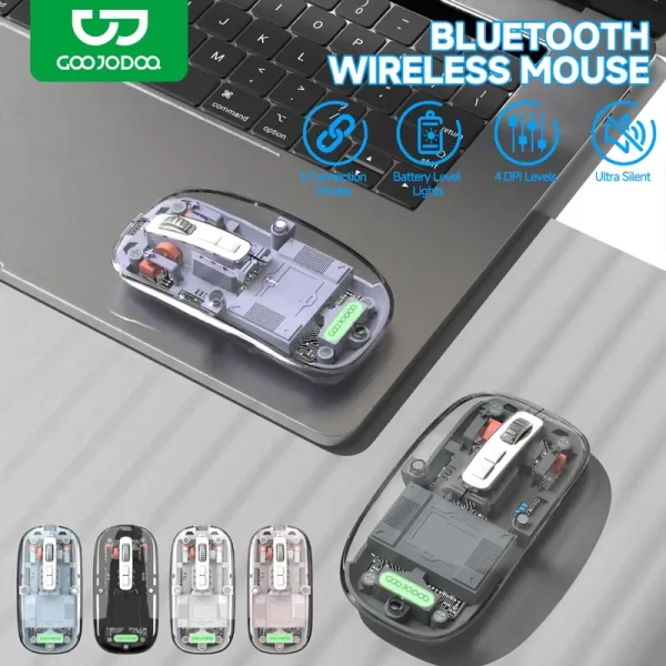 GOOJODOQ Wireless Transparent Rechargeable Bluetooth Mouse | Metal Scroller Wheel | Anti Slip Pad | Ultra Silent | 3 Connection 4 DPI Level for iPad Laptop Tablet Android IOS