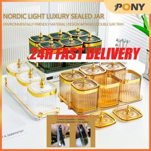 【Ready stock】pony-h High-looking seasoning jars, sealed storage jars, food containers, grains and beans, food, candy, snacks, storage containers, bottles with lids, storage boxes, kitchen supplies, 6 packs with trays Kitchenware