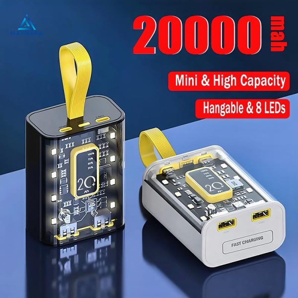 Yisen Transparent Powerbank 20000mAh Mini Power Bank Portable Battery Charger Energy White Fast Charge With 3 Cables Dual USB Electric